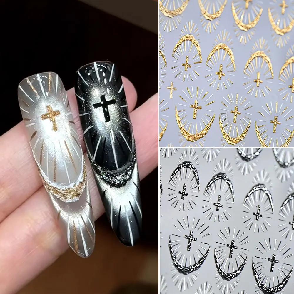 1 قطعة 5D تنقش الذهب الصليب الفرنسية مسمار ملصقات الضوء المقدس الخط الفرنسي الصليب مسمار الشارات 8*10 سنتيمتر ذاتية اللصق الصليب مسمار ديكور #2