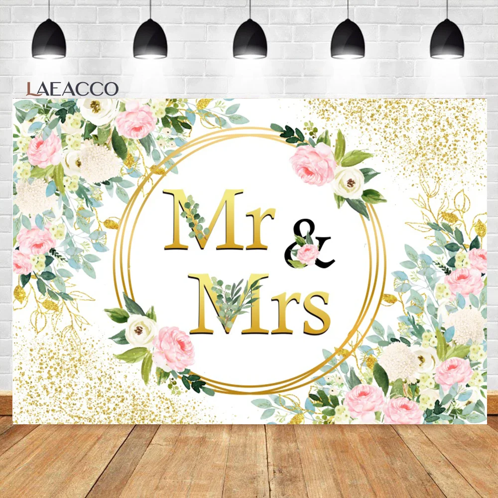 

Laeacco Gold Glitter Mr&Mrs Backdrop Pink Floral Bride Shower Wedding Reception Ceremony Womon Portrait Photography Background