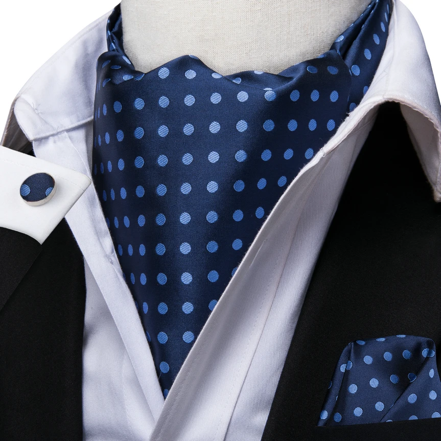 Men's Ascots Fashion Luxury Solid Plaid Check Dot Cravat Set with Cufflinks and Handkerchiefs for Daily Casual Outing