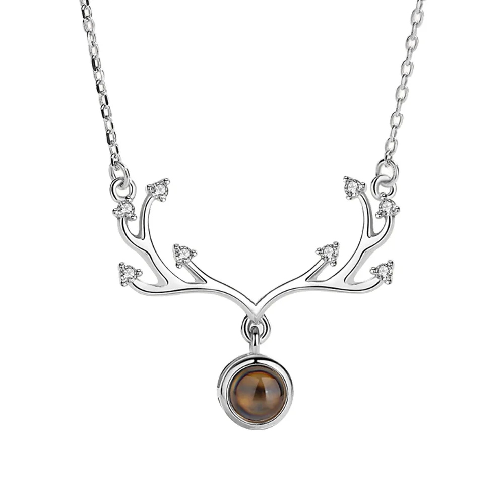 925 فضة موضة 100 لغة أحبك حجر الإسقاط مطعمة الزركون قرن الوعل قلادة عيد ميلاد هدية للذكرى السنوية