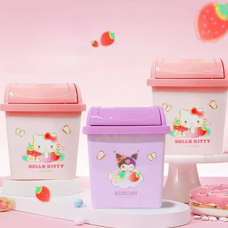 

Новое мусорное ведро Sanrio Hello Kitty Kuromi Kawaii в стиле аниме, настольное, мини, с откидной крышкой, для хранения, для дома, девчачье, с сердечками