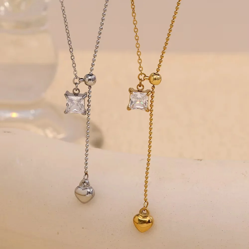 

Simple Fashionable Gold Plated Stainless Steel Necklace For Women Pendant Square Zircon Heart Tassel Chain For Daily Wear Gift