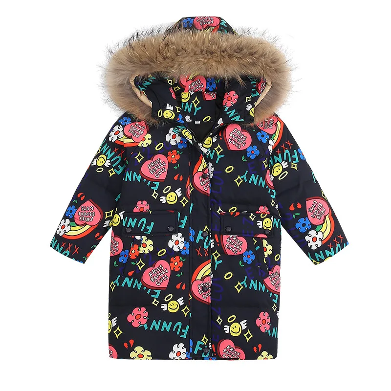 5-16 Years Winter Girls Down Jacket Fur Collar Hooded Cartoon Printed Long Teenage Girl Outerwear Coat Kids Graffiti Outfit