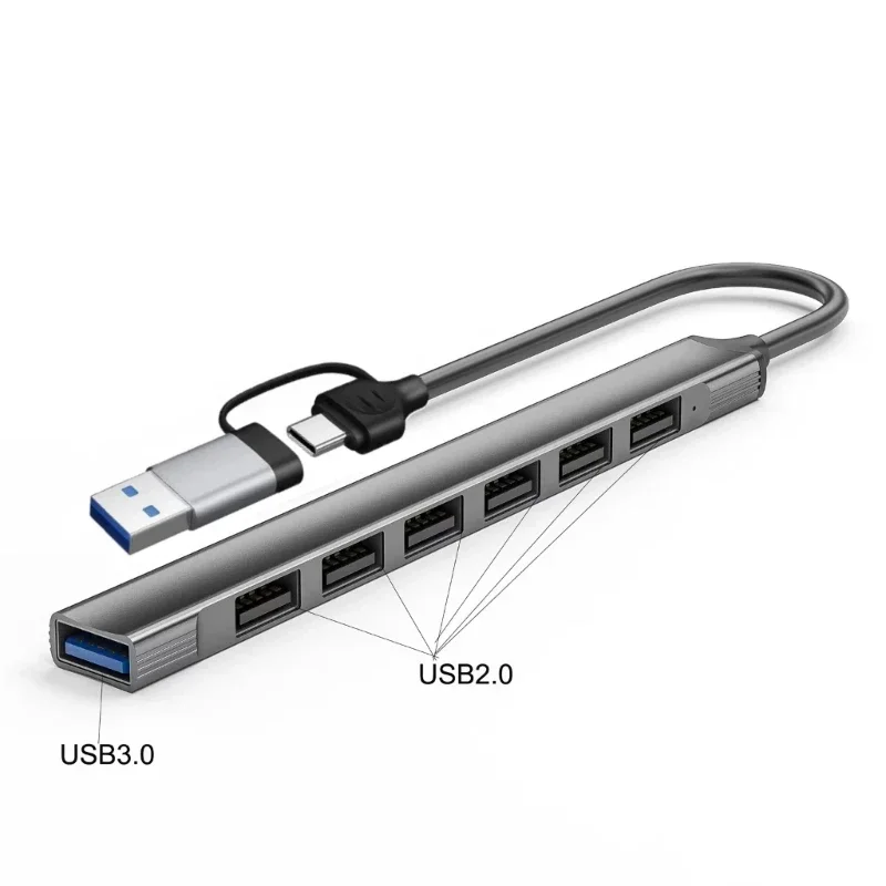 2 in 1 7 Ports USB Type HUB Expander Splitter Aluminium Alloy Docking Station High Speed for Laptop PC