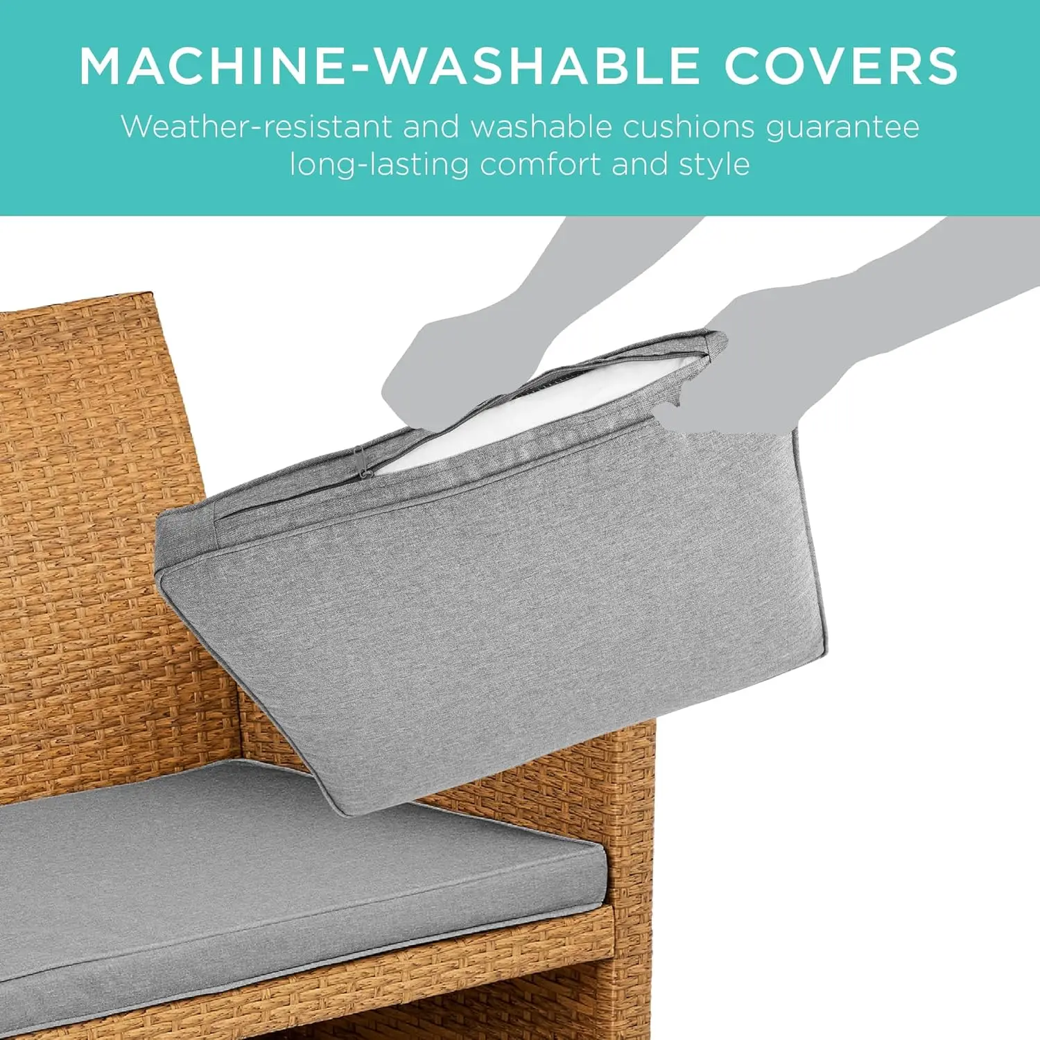 طقم أثاث للمحادثة في الفناء الخارجي مكون من 4 قطع للفناء الخلفي مع طاولة قهوة ووسائد للمقعد - رمادي أسمنتي طبيعي