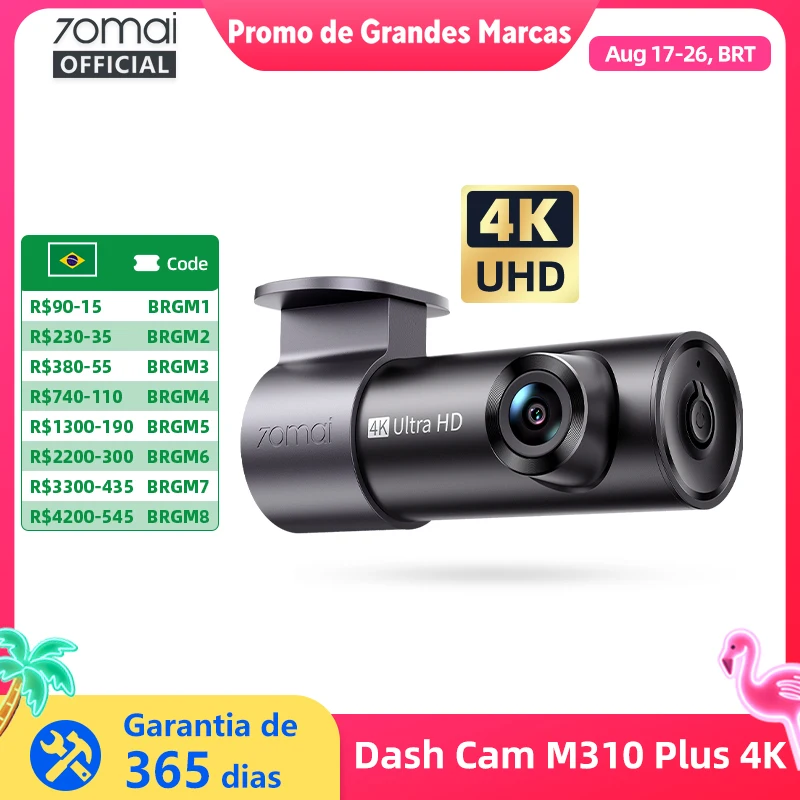 Câmera veicular 70mai M310 Plus 4K versão global, com resolução real 4K 2160p, WDR, controle por voz, suporte para modo de estacionamento 24H, DVR automotivo 70mai M310 Plus 4K.