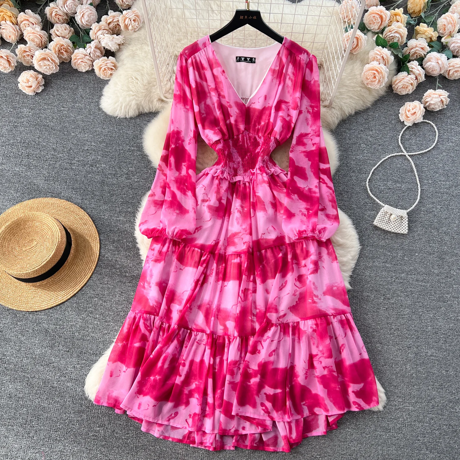 

Women Dress Long Dresses A Line Vestidos Ruffles High Waist Y2k Streetwear Lantern Sleeve Tie Dye Casual Elegant Spring 2025