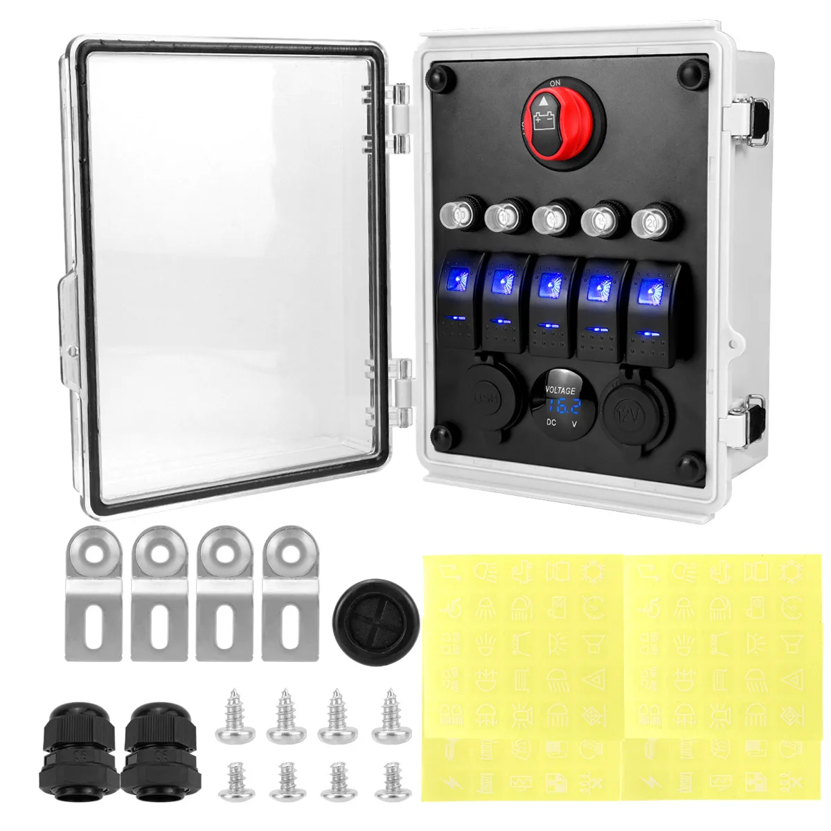 

Joystick Switch Panel 12V Boat RV Toggle Switch Panel Box 5 Gang Waterproof LED Lighted With Circuit Breaker Power Switch