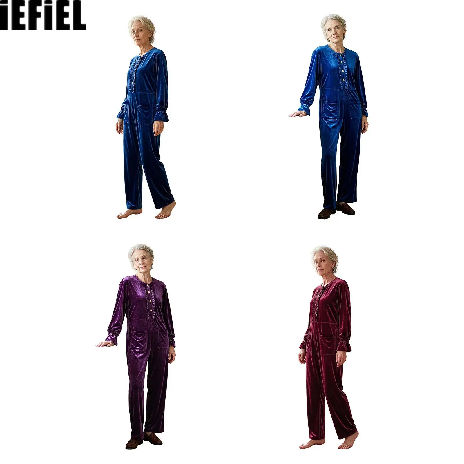 Women Elderly Adaptive Velvet Jumpsuit Long Sleeve Elastic Cuffs Anti-strip Back Invisible Zipper Ruffles Jumpsuit with Pockets