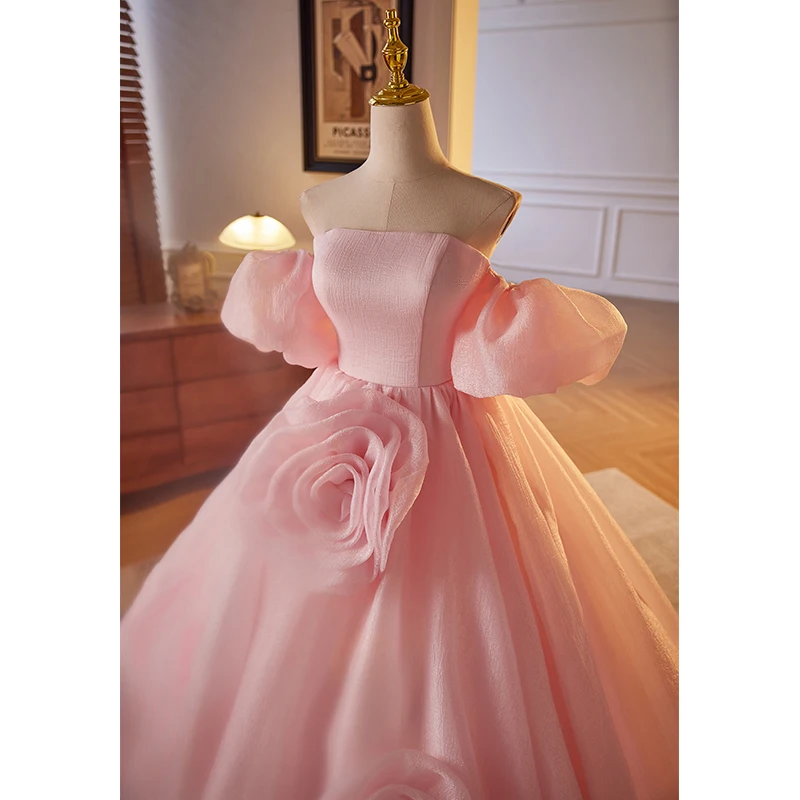 Personalizado doce rosa princesa vestido de noite sem alças lanterna mangas a linha flores vestidos de festa de baile de fiesta