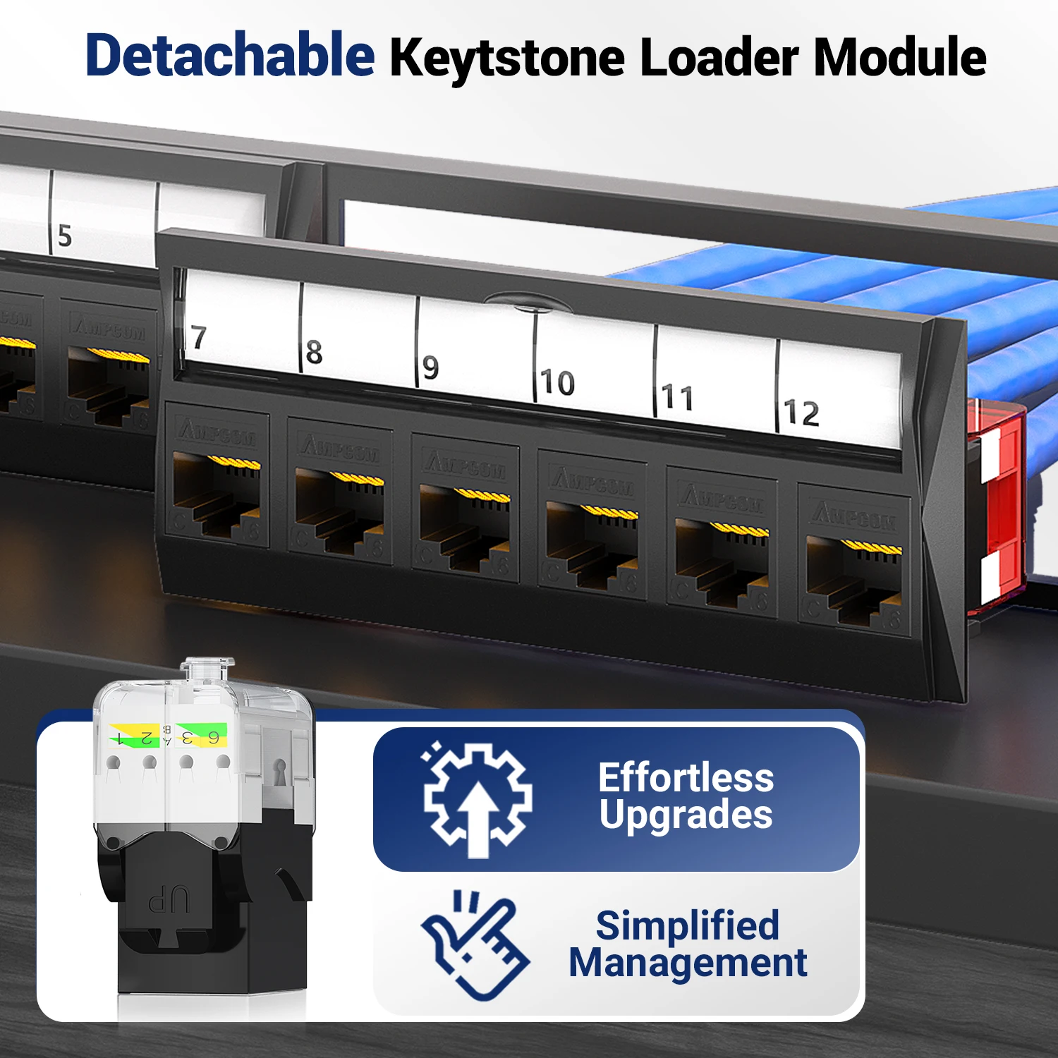 AMPCOM Blank Keystone Patch Panel 1U 24-Port, RJ45 UTP Detachable Tool-Less Rack Mount with Back Bar for CAT5E/6/7/8
