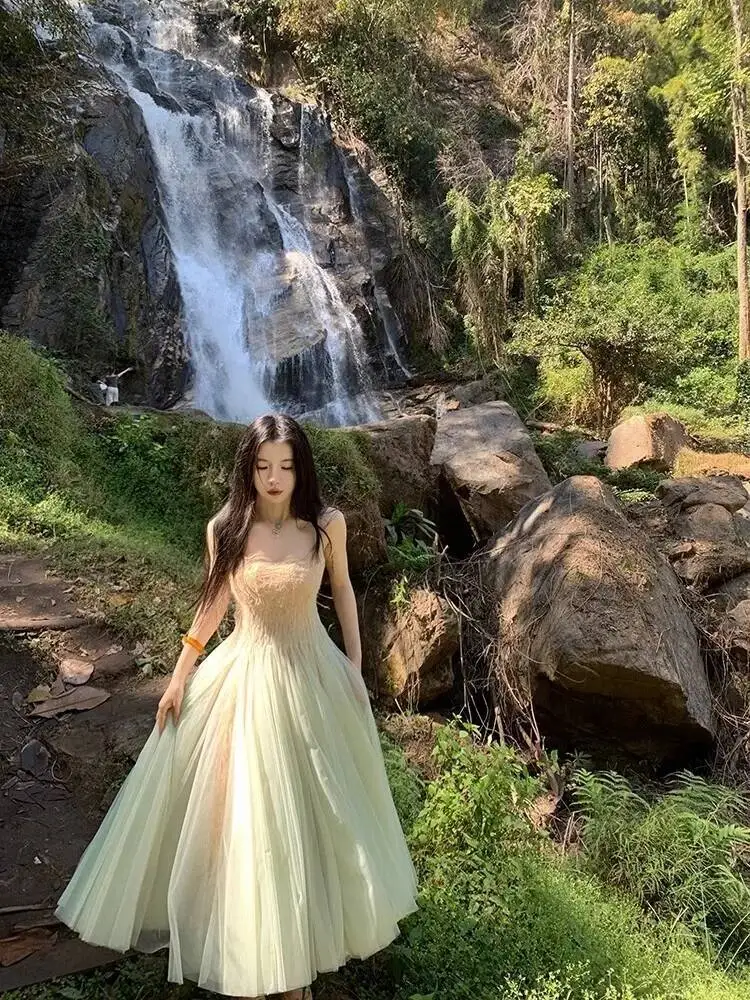 Luxury Princess Gauze Long Dresses Women Summer Holiday Sundress Elegant Prom Evening Sling Dress Party Vestidos Midi Robe