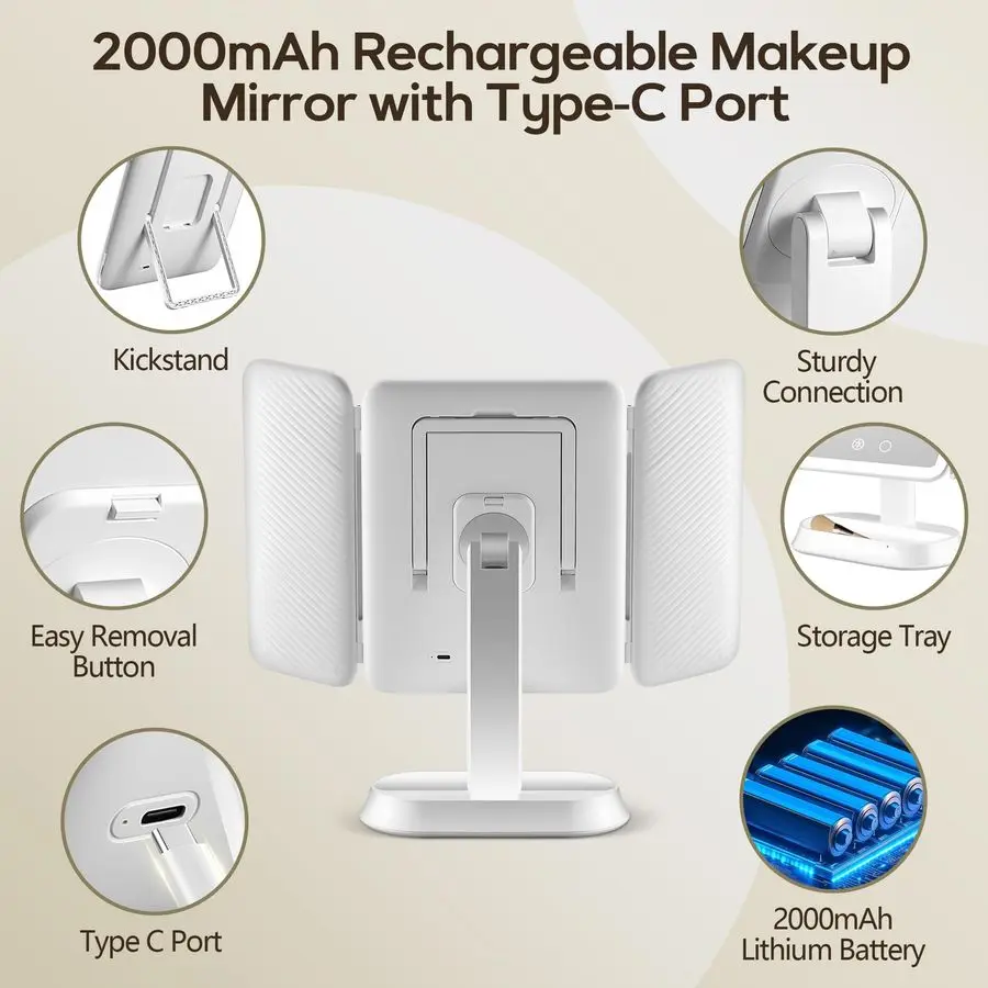 Mirror with Lights, Lighted Makeup Mirror with 30X 10X 5X Magnification, Rechargeable Trifold Mirror with 3 Color amp Adjustable