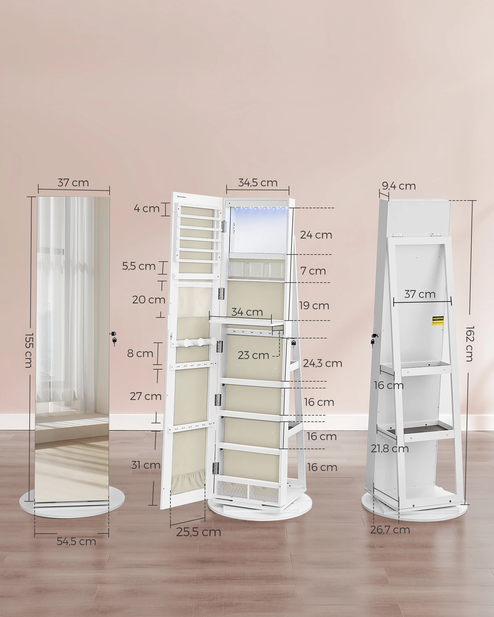 SONGMICS خزانة مجوهرات مع LED ومرآة، 3 أرفف، 360 °   قابل للتدوير