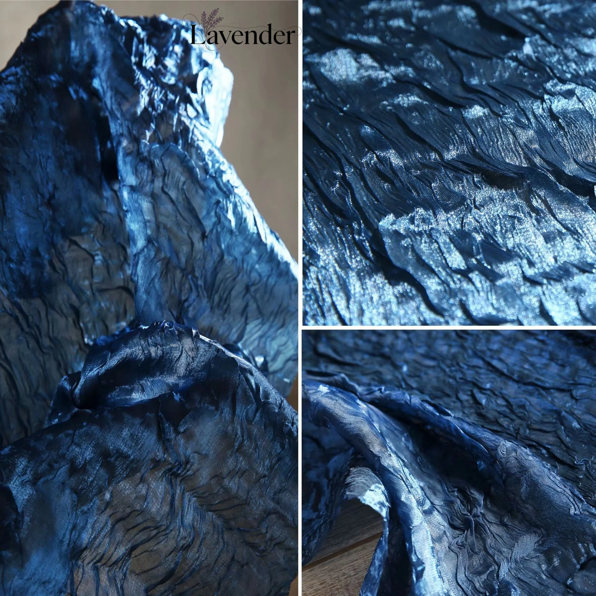 Wholesale Deep Blue Irregular Wrinkles Wave Fabric 100% Polyester Fabric Pressed Pleated for Designer Dress