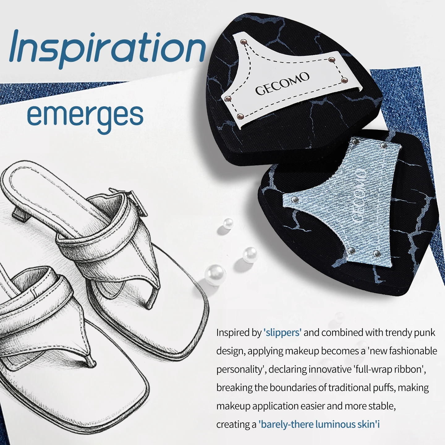 2PCS 데님 메이크업 파우더 퍼프 세트 부드러운 피부 친화적인 건식 및 습식 이중 용도 스펀지 쿠션 리퀴드 파운데이션용