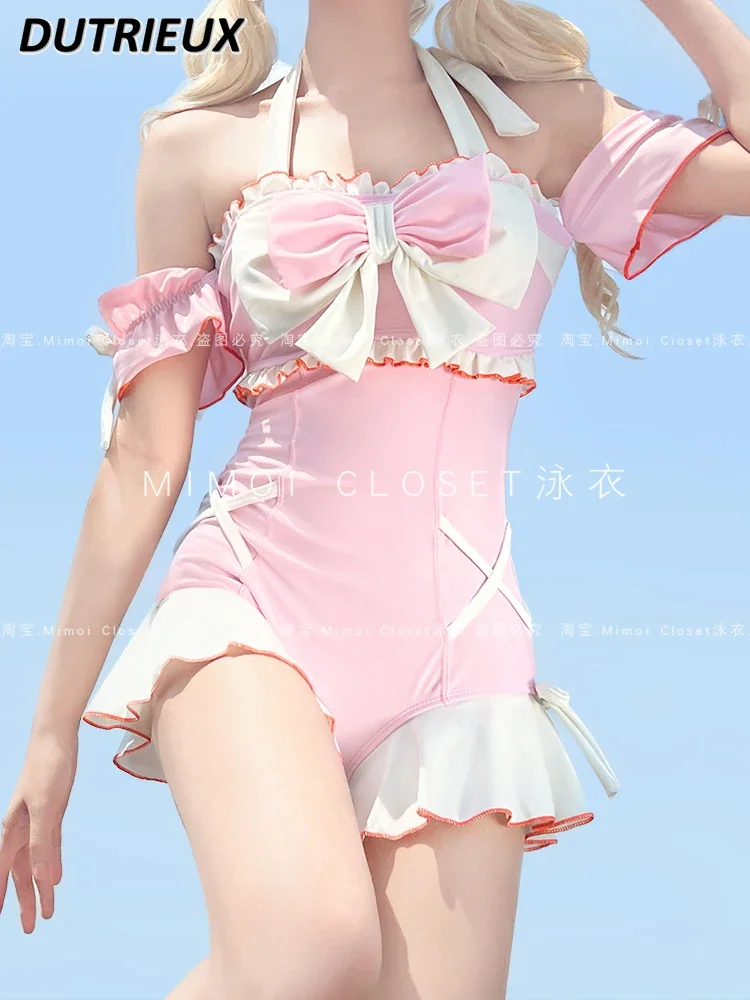 

Summer New Pink Lolita Sweet Cute Suspenders Swimwear Seaside Vacation Style Sleeveless Halter One Piece Swimsuit for Women