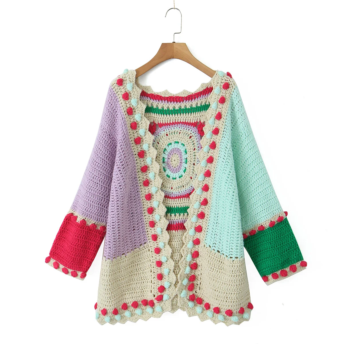 2024 BOHO Contrast Color Hand Crochet Cardigan Ethnic Woman No Button Open Stitching Full Sleeve Sweater Beach Knitwear Jumper