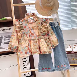 Children's Clothing Sets Boho Lace Puffy Sleeve Shirt + Denim Bell Bottoms 2pcs Toddler Girl Clothes Set 3 To 7 Years Outfit