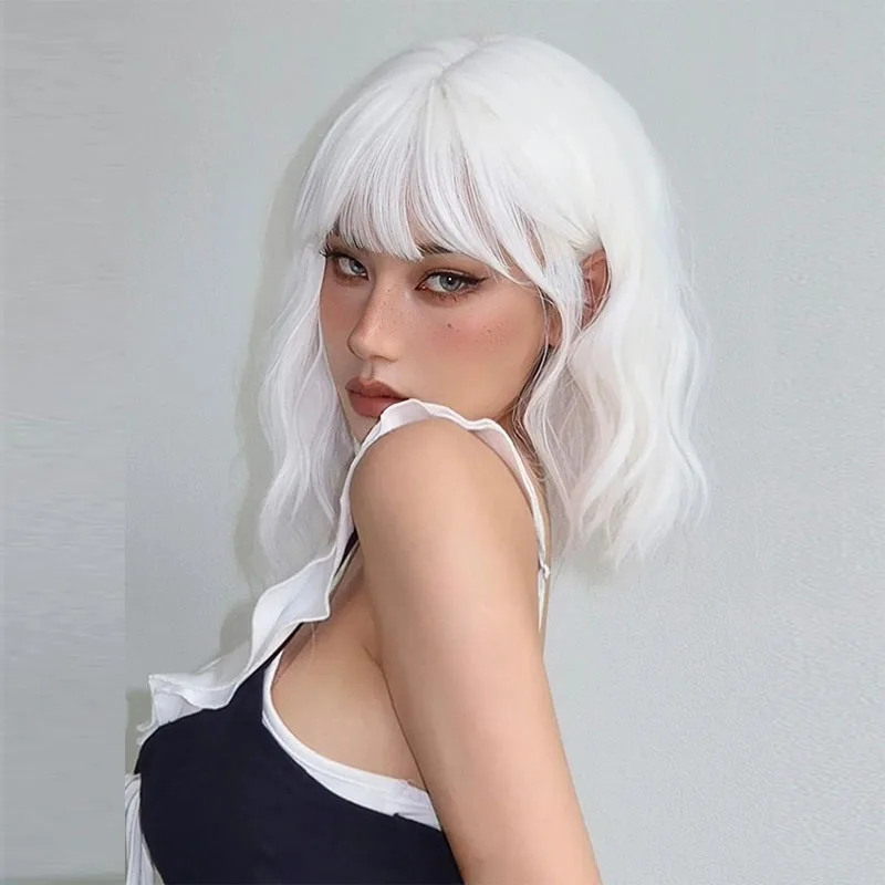 Curly Bob White Platinum Synthetic Wigs with Bangs for Women Short Cosplay Lolita Wavy Wig Natural Hair Heat Reisitant Daily Use