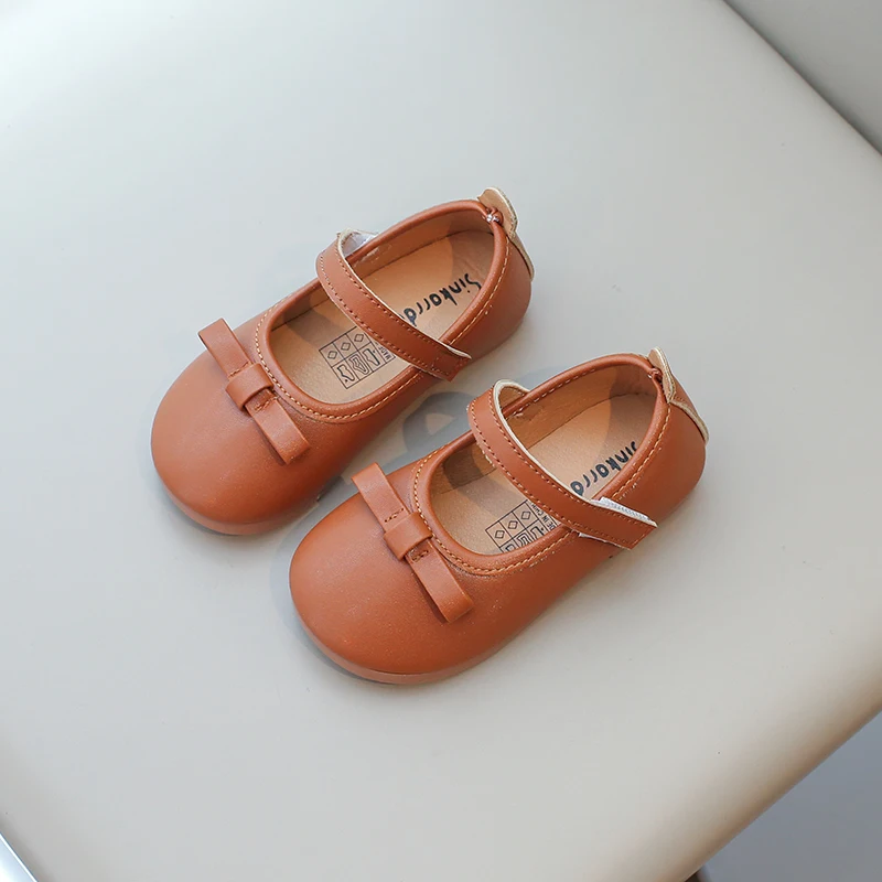 Toddlers Girls Leather Shoes for Wedding Party Light Weight Soft Quality with Bow-knot Simple Fashion Autumn Kids Flats 21-34