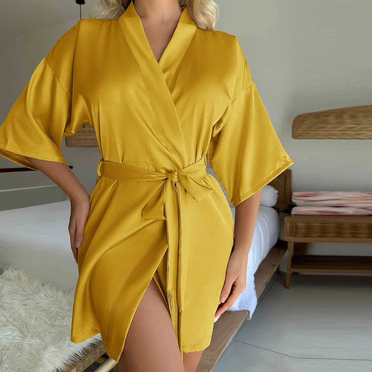 1pc Sexy Bathrobe Pajamas Women Ladies Thin Simulation Silk Medium-sleeved Nightdress Lingerie Sleepwear Underwear Nightgown