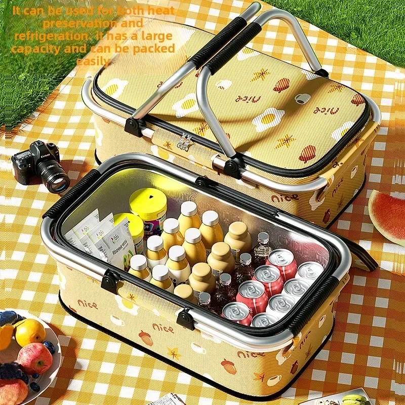 

Outdoor picnic basket with lid, insulated box, foldable, portable, hand-held picnic basket, large capacity
