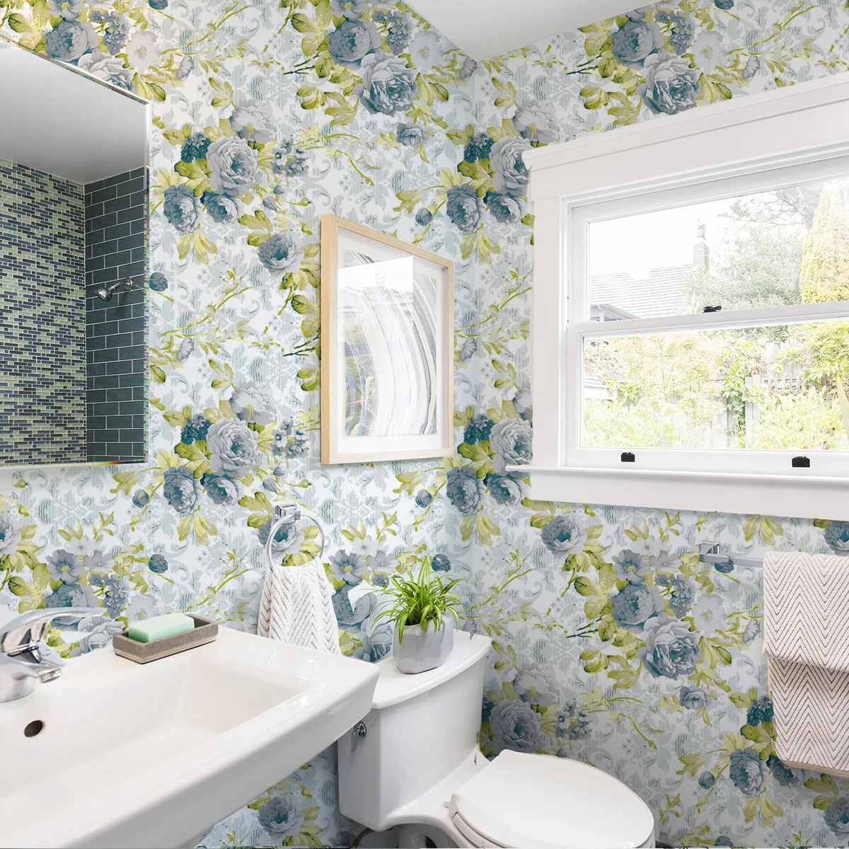Elegant Blue Floral Wallpaper - Botanical Leaf Pattern for Bedroom & Bathroom Decor