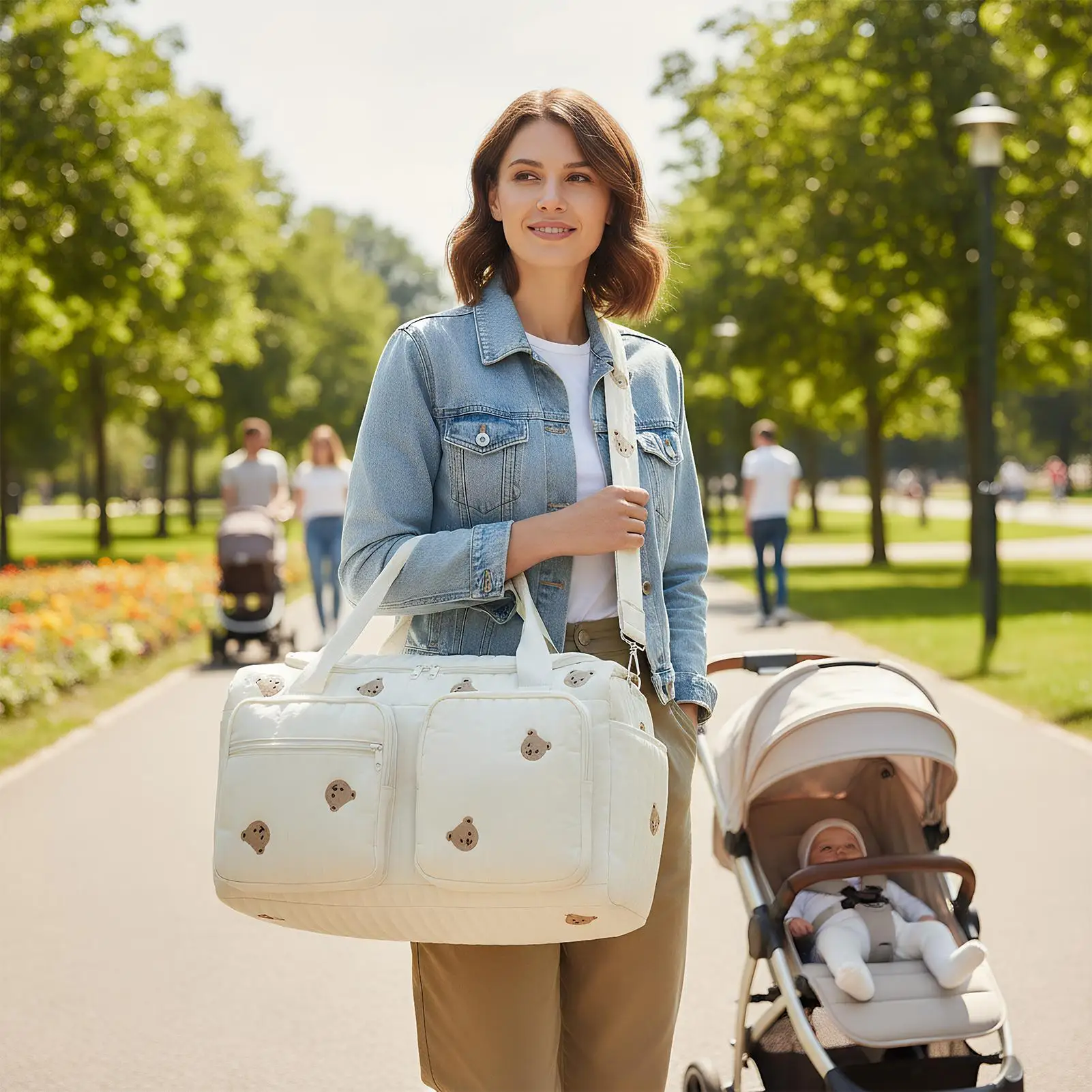 

Сумка для подгузников, сумка для подгузников с мультяшным медведем и отделением, большая вместительная сумка для подгузников для путешествий, кемпинга, дома, покупок, поездок на работу