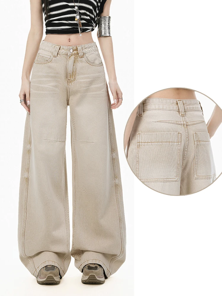 

KSTUN Women's High Waist Curved Wide Leg Jeans Vintage Washed Light Khaki Cat Whisker Textured Design Loose Baggy Denim Pants