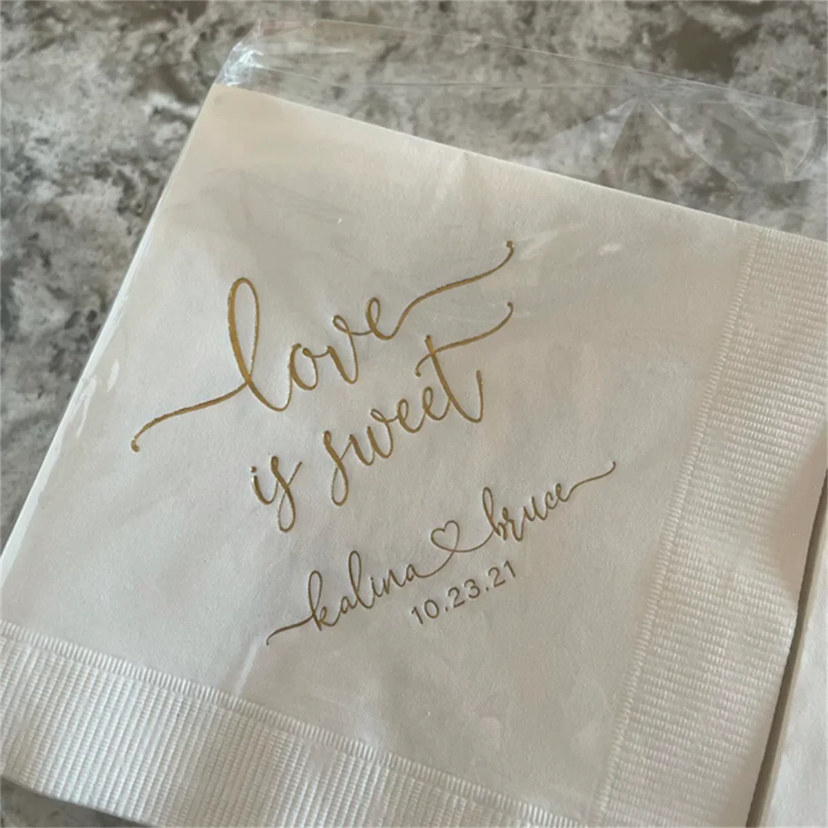 Personalized Wedding Napkins Custom Printed Love is Sweet Beverage Cocktail Luncheon Dinner Guest Towel Napkins Imprinted Foil S