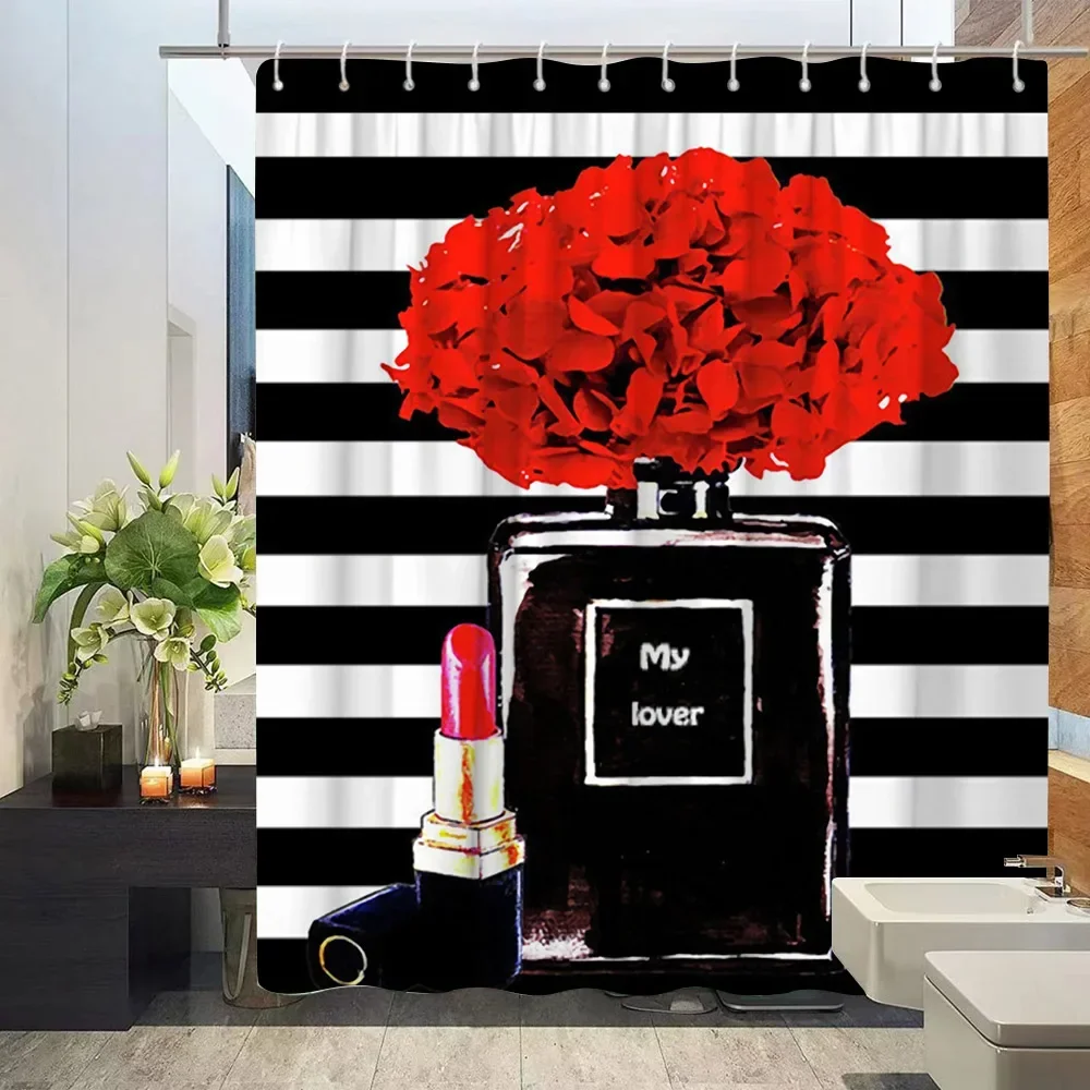 

Косметические духи и цветочные занавески для душа и коврик для ванной комнаты, набор с цветами на каблуках, губная помада, домашняя тканевая подвесная занавеска для ванной комнаты