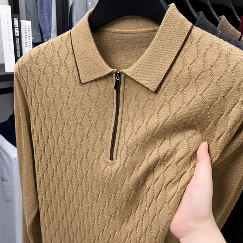 

Men Daily Jacquard Texture Turn - Down Collar Zippered Thin Long - Sleeved Knitted Shirt Blended with Goat Wool & Mulberry Silk