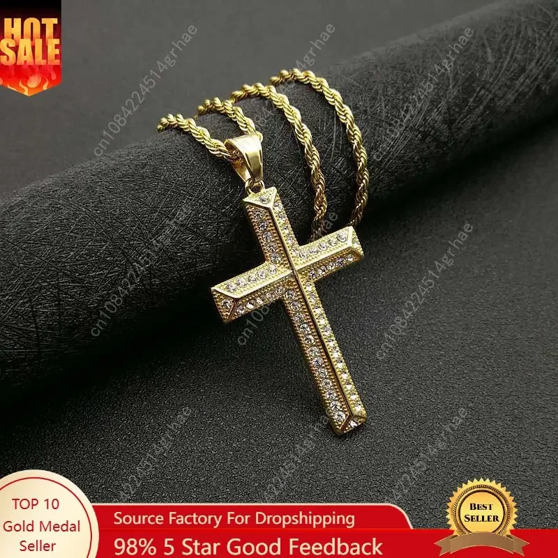 

High Quality Womens Cross Necklace 316L Stainless Steel 60CM Chain Pendant Cross Gold Color Mens Necklace For Best Gift