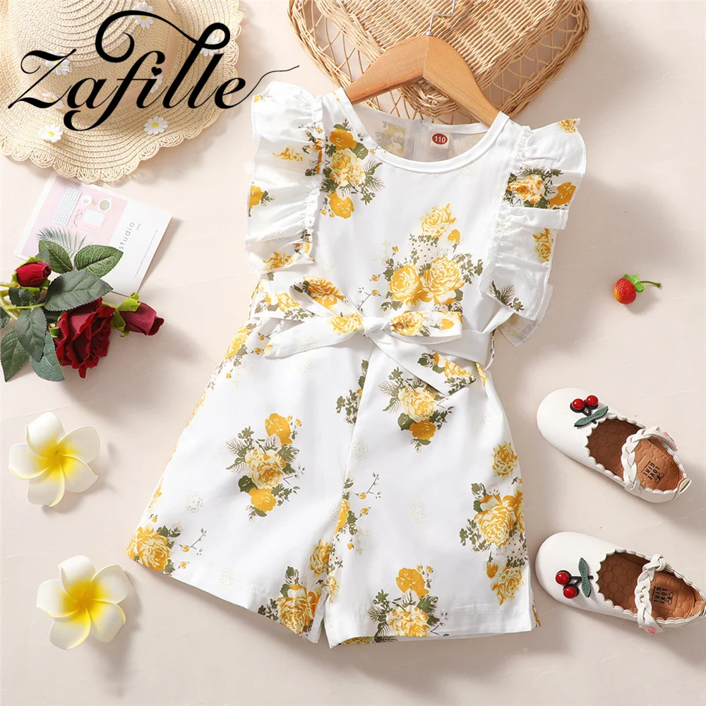 ZAFILLE Sleeveless Ruffles Kids Girls Jumpsuits Flowers Print Baby Summer Clothes Zipper Children's Overalls For Girls Clothing