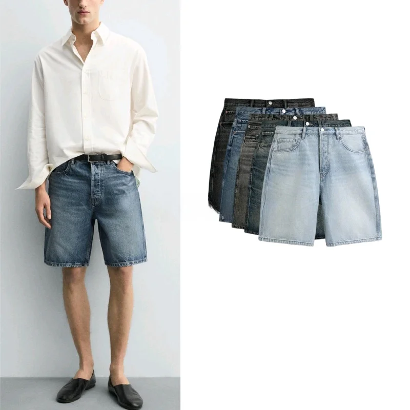 

Summer New Men's Casual American Style Straight Leg Jeans Shorts Washed Effect Polyester Fiber Straight Cut Leisure Trousers