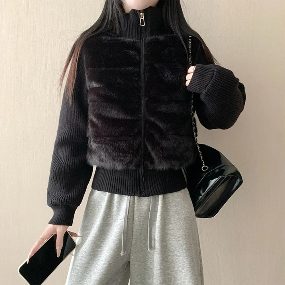 Casual Women's Winter Coat New Faux Mink Fur Patchwork Knitted Jacket Female Short Style Warm Cotton-padded Outerwear 2026