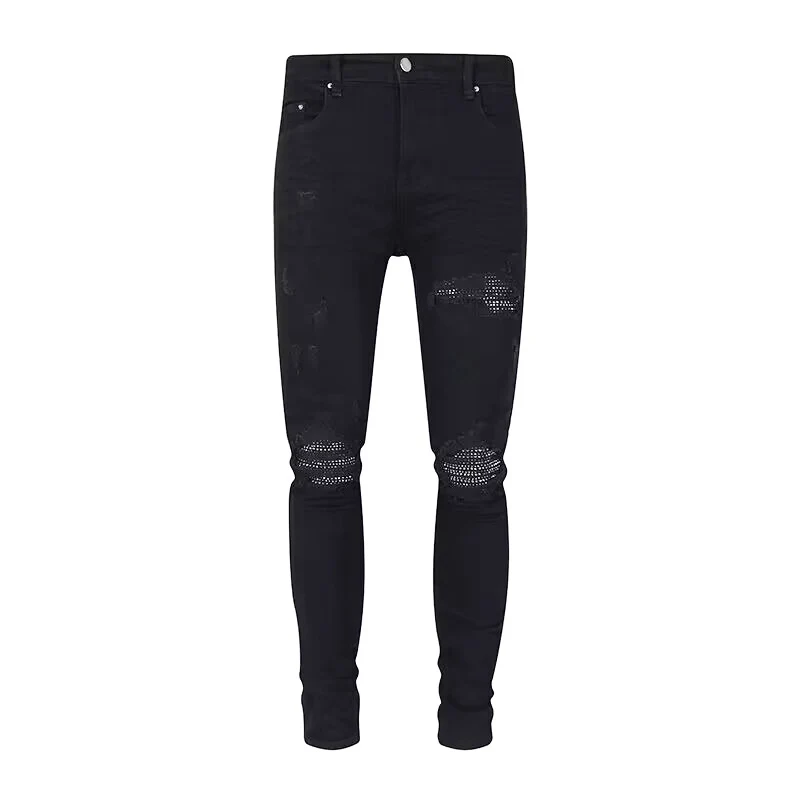 Designer High Street Fashion New Jeans Stretch Slimming Washed Black Jeans with Hole Patching Hip Hop Brand Splicing Pants Hombr