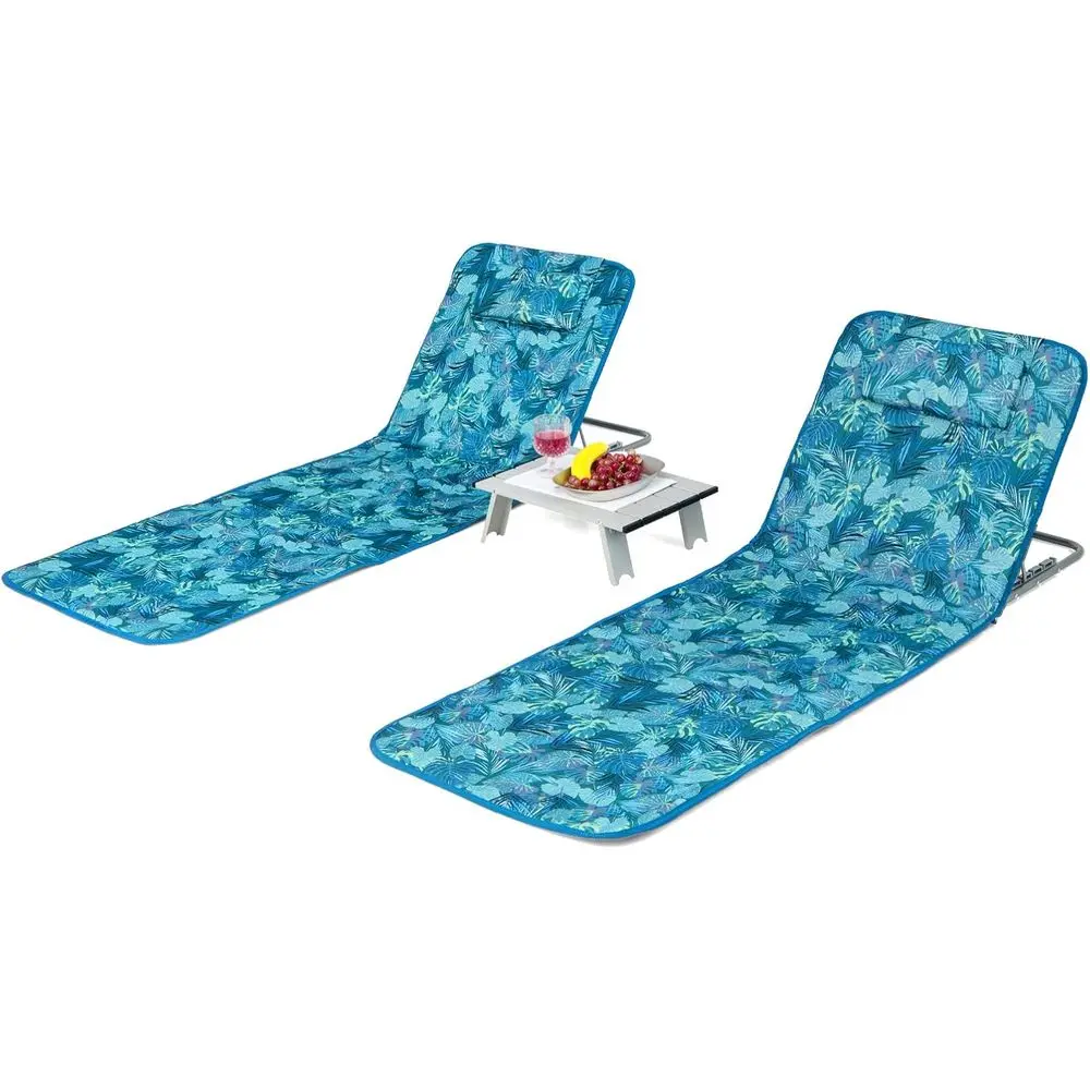 

2 Pack 5 Position Folding Beach Chair With Side Table Backpack Design For Sunbathing Patio Camping Teal