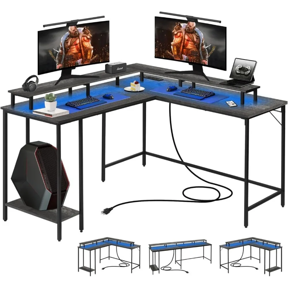 LED Lights and Power Outlet, Reversible Corner Office Desk with Monitor Stand, L Shaped Gaming Desk