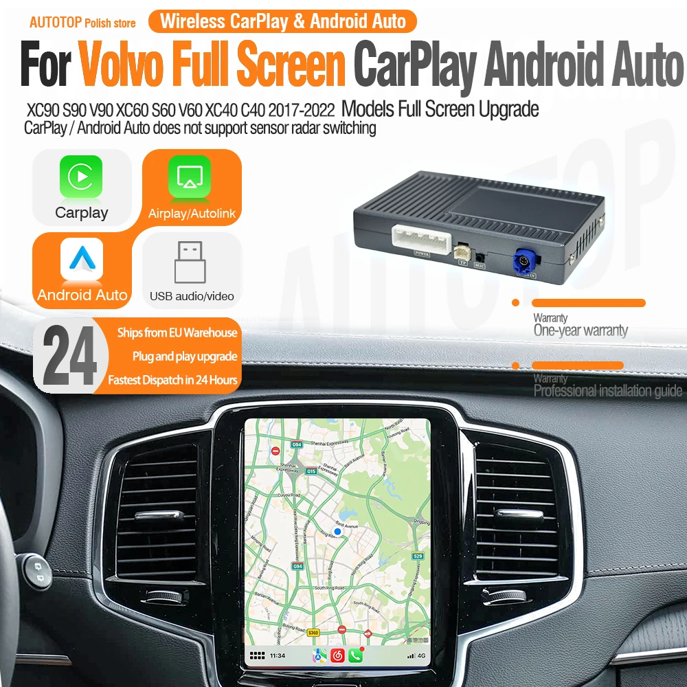 AUTOTOP Bezprzewodowy Dekoder CarPlay z Pełnym Ekranem do Volvo XC90 XC60 S60 V60 S90 V90 XC40, Moduł Airplay BT Car Android Auto