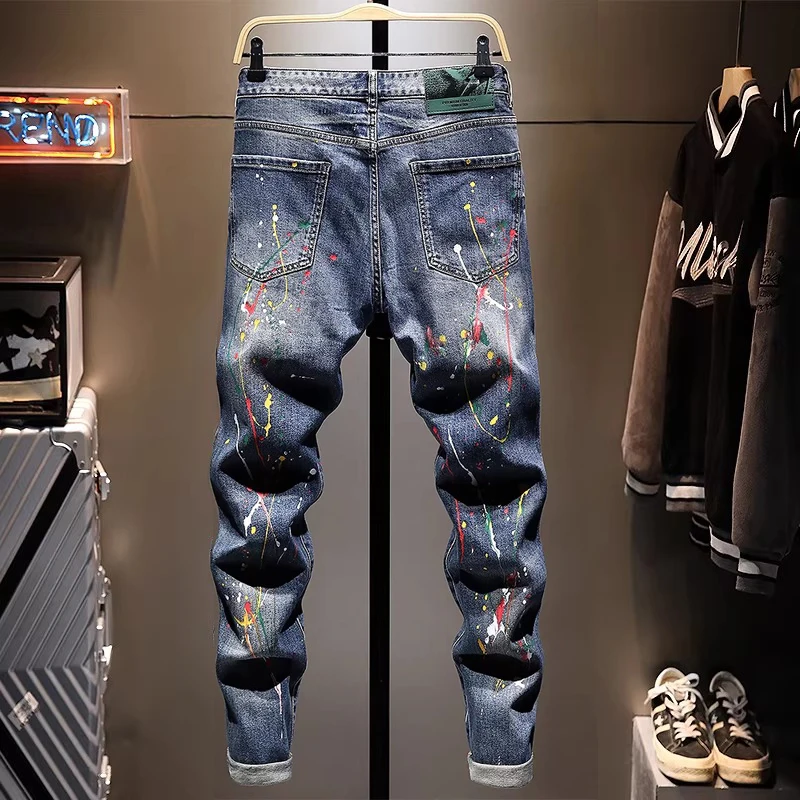 High Street Designer Fashion Men Jeans Retro Blue Stretch Slim Fit Splashed Ripped Jeans Men Hip Hop Vintage Denim Pants Hombre