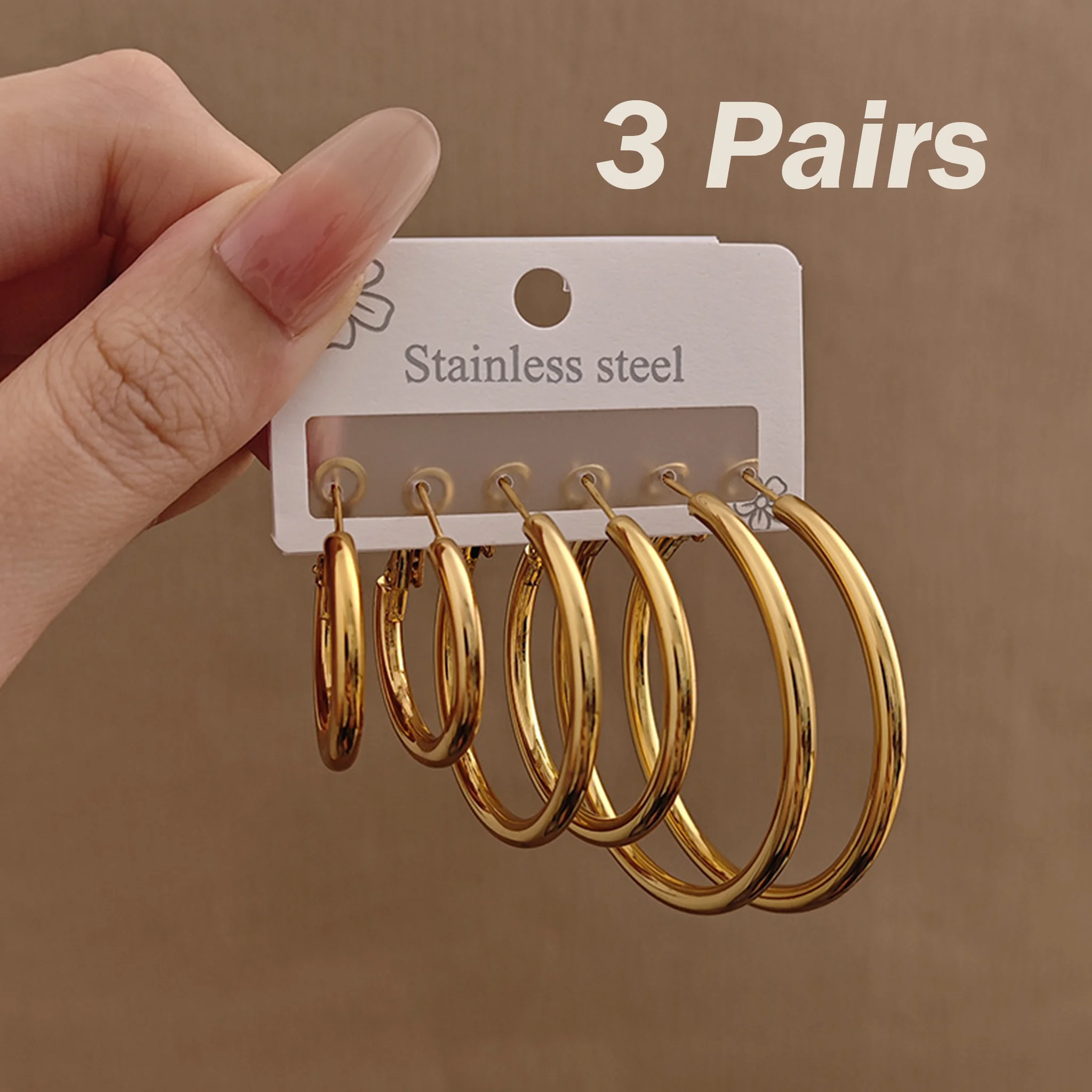 Wholesale 3 Pairs Stainless Steel Hoop Earrings Multi Size Gold Circle Huggie Earrings Women Fashion Jewelry