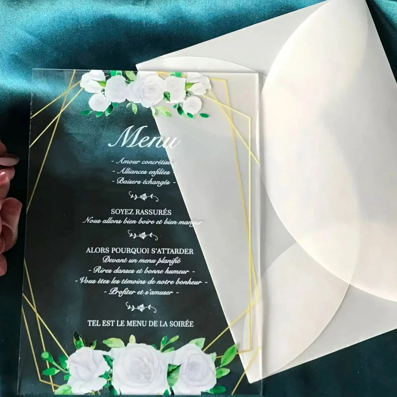 

Acrylic Wedding Invitation,Peony Transparent Party Dinner Menu,Custom Quinceanera Menu Card Decoration, 10Pcs