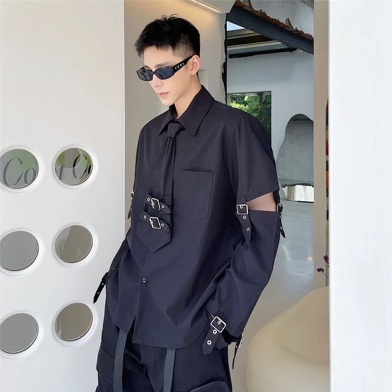 Men Dark Gothic Moto Biker Tops Shirts Male Sexy Handsome Cool Metal Ribbon Trendy Blouse Gentleman Y2K Ins Chic Nightclub Tops