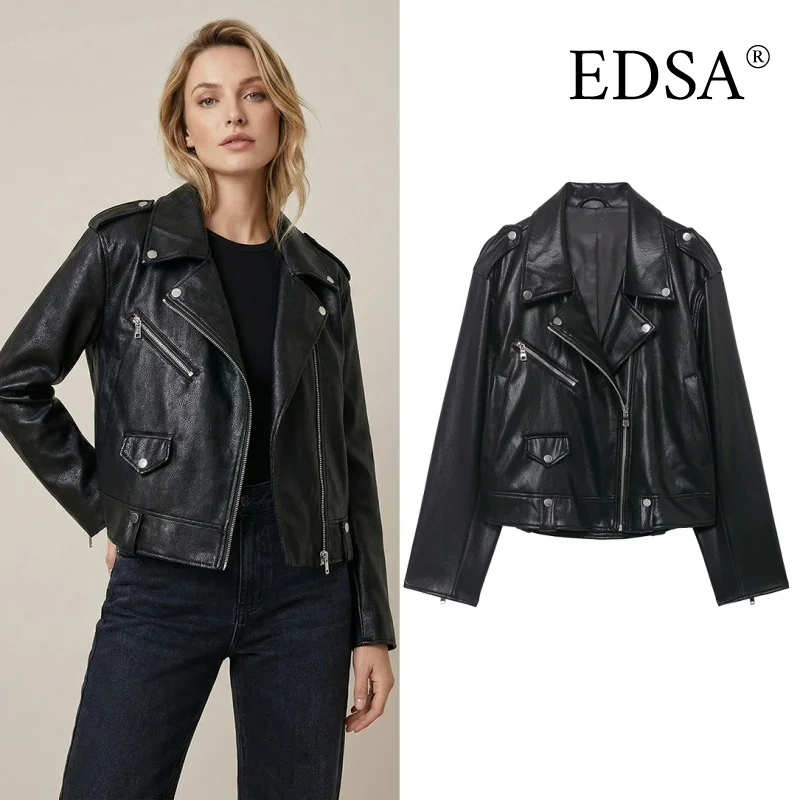 EDSA 여성용 PU 블랙 프론트 지퍼 재킷 캐주얼 라펠 넥 긴 소매 여성 코트 아우터웨어