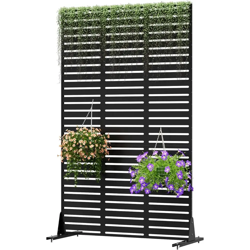 72 Tall x 44 Wide Black Outdoor Privacy Screens with Stand for Patio, Deck, or Balcony - Slatted Design