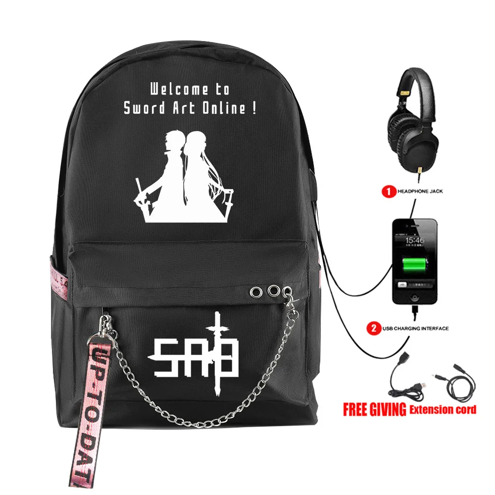 Harajuku Youthful School Bags Unisex Sword Art Online Travel Bags Usb Rechargeable Oxford Waterproof Notebook Shoulder Backpacks