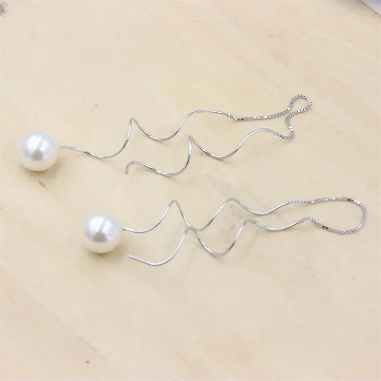 ZFSILVER Genuine 925 Sterling Silver Fashion Made By Hand Curved Needle Shell Ball Ear Line Eardrop For Women Earrings Jewelry