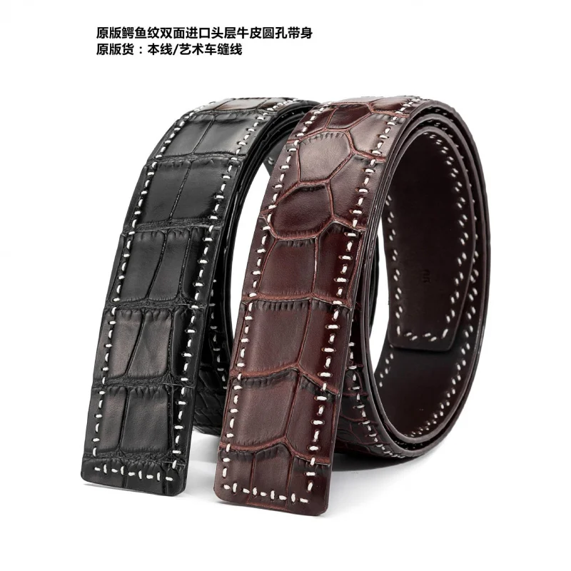 

Handmade Genuine Leather Belt - 4.0cm Double-Sided Full-Grain Leather with Artistic Stitching, No Buckle, Pre-Punched Holes for